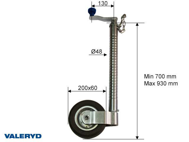 Stödhjul SS Ø48mm med stålfälg. Fullgummihjul 200x60mm. Belastning 200kg