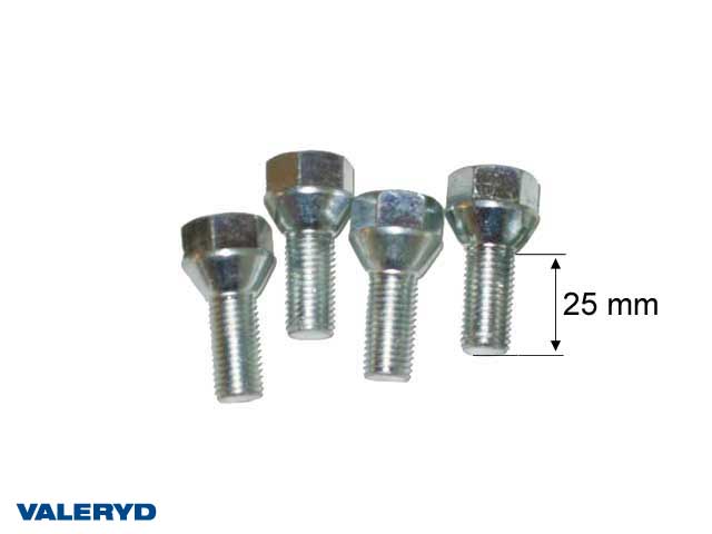 Hjulbult M12x1,5 Universal. Gänglängd 25mm. Totallängd 43mm. Nyckelvidd 19mm, (4-pack)