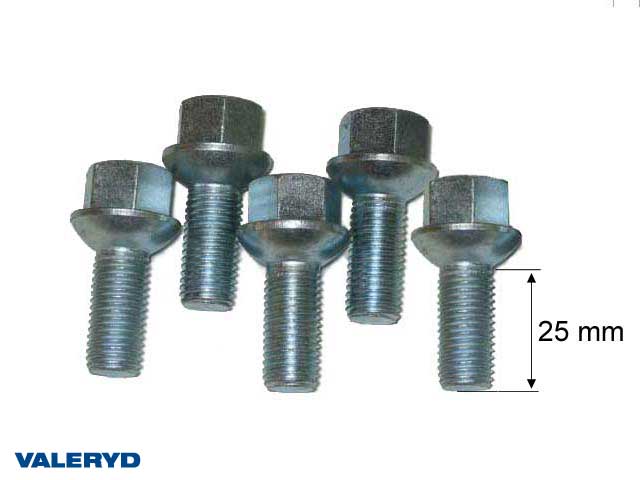 Hjulbult M12x1,5 Universal. Gänglängd 25mm. Totallängd 44mm. Nyckelvidd 17mm (5-pack)