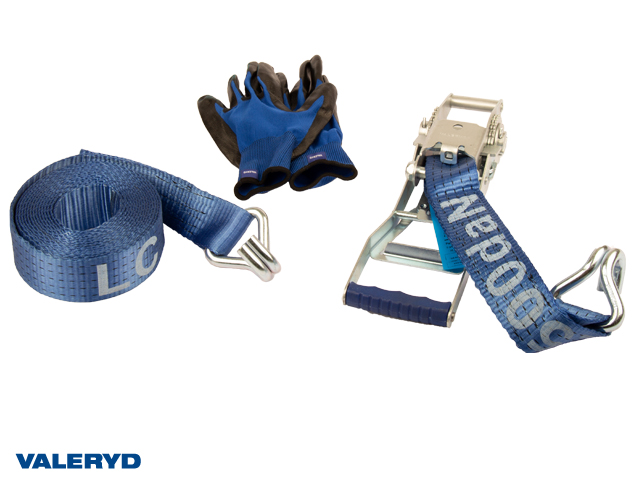 Spännbandsset 50mm med dubbla J-krokar, långt handtag. Längd 0,5+5,5m. 2500 kg (daN)