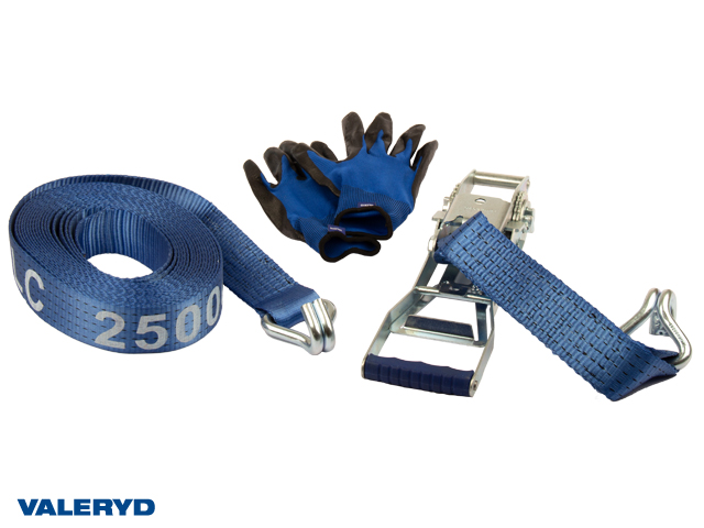 Spännbandsset 50mm med dubbla J-krokar, långt handtag. Längd 0,5+9,5m. 2500 kg (daN)