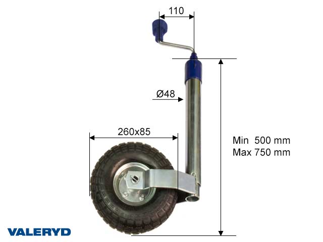 Stödhjul Ø48mm med stålfälg. Luftgummihjul 260x85mm. Belastning 136kg