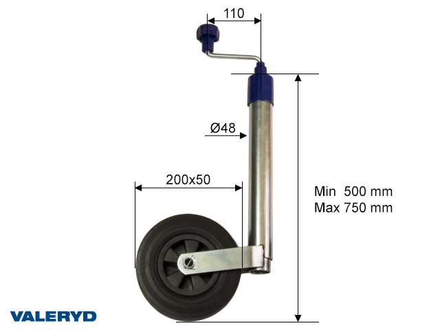 Stödhjul Ø48mm med plastfälg. Fullgummihjul 200x50mm. Belastning 150kg