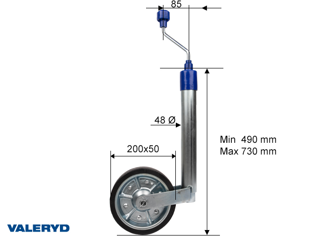 Stödhjul Ø48mm med stålfälg. Fullgummihjul 200x50mm. Belastning 300kg