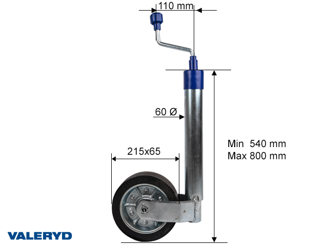 Stödhjul Ø60mm med stålfälg. Fullgummihjul 215x65mm. Belastning 500kg