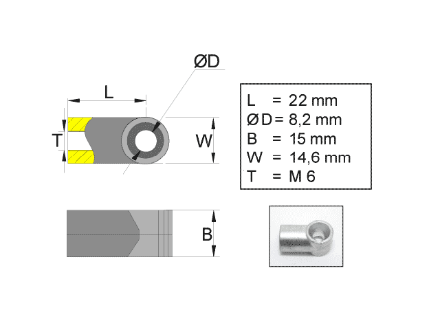 Fästögla för gasfjäder; L=22; M6